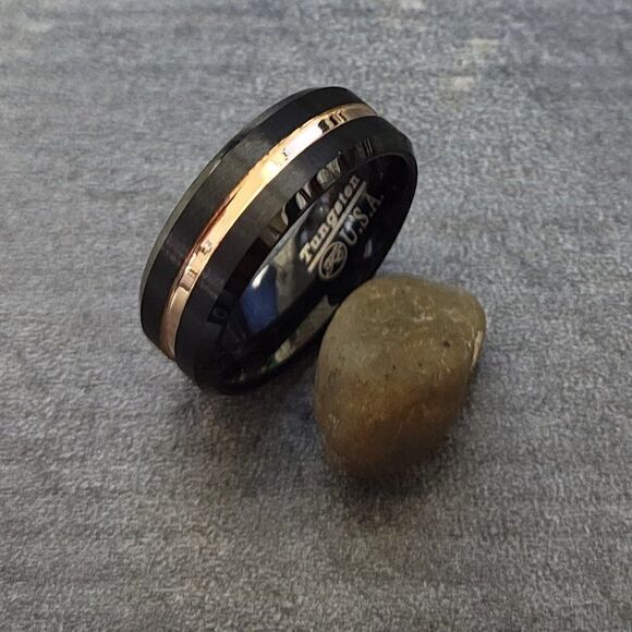 Men's Real Black Tungsten Promise Ring 14K Gold Filled Center Groove Gold Line - Picture 7 of 12